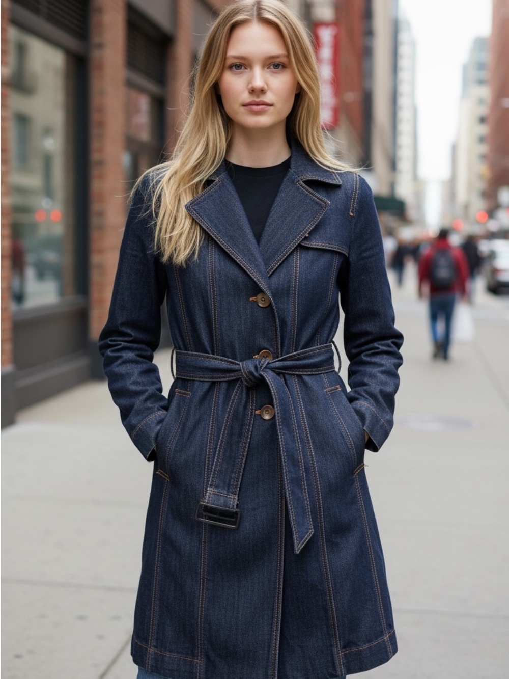 Nine West Dark Indigo Denim Trench Coat with Waist Tie